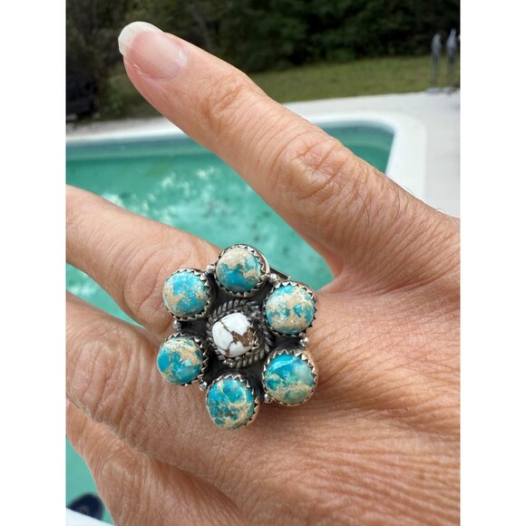 Artisan Sea Sediment Jasper Wild Horse turquoise SS 925 Statement cluster Ring - Picture 3 of 10